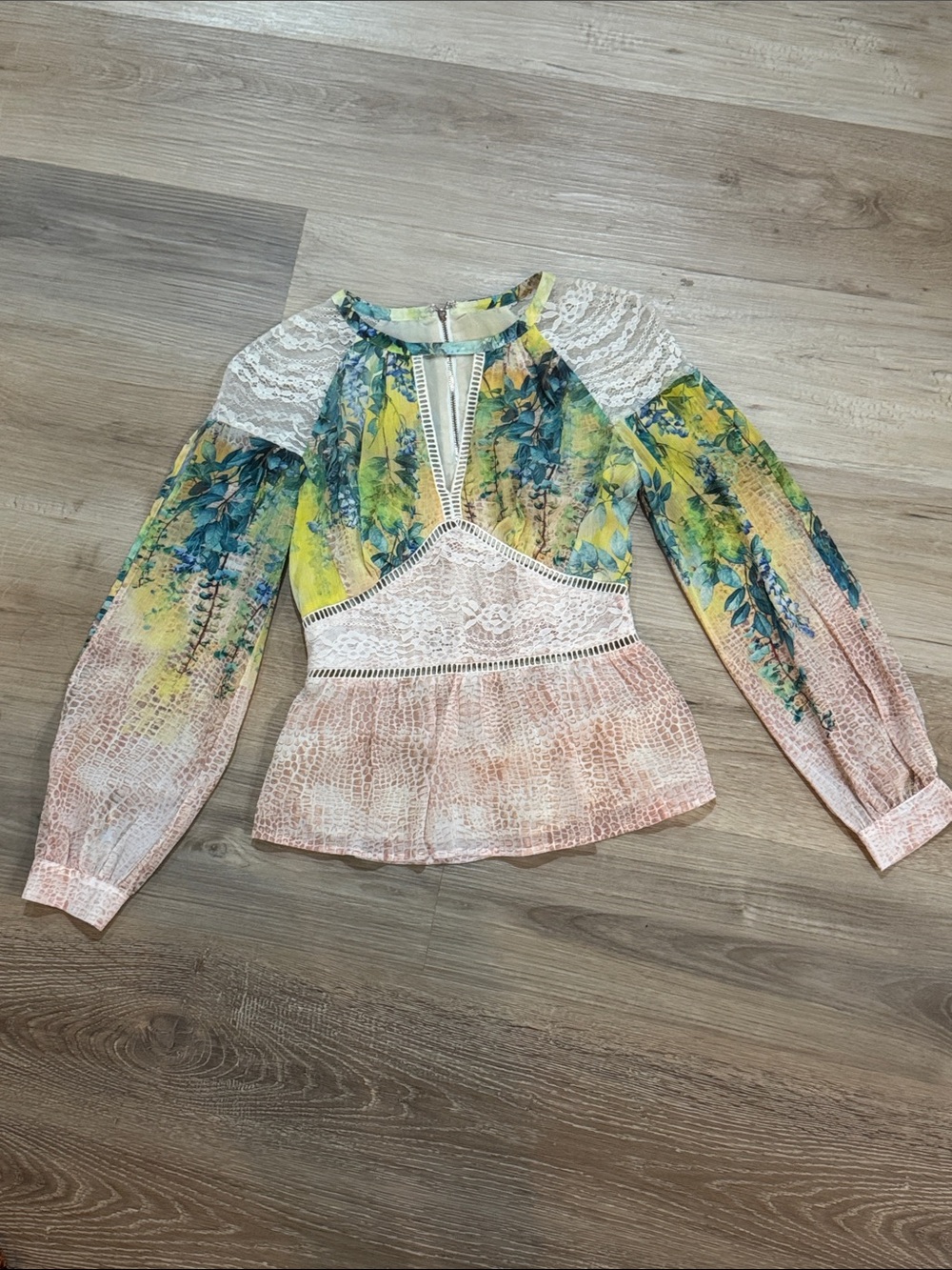 bebe Floral Lace-Inset Long Sleeve Peplum Top - Yellow, Pink & Blue